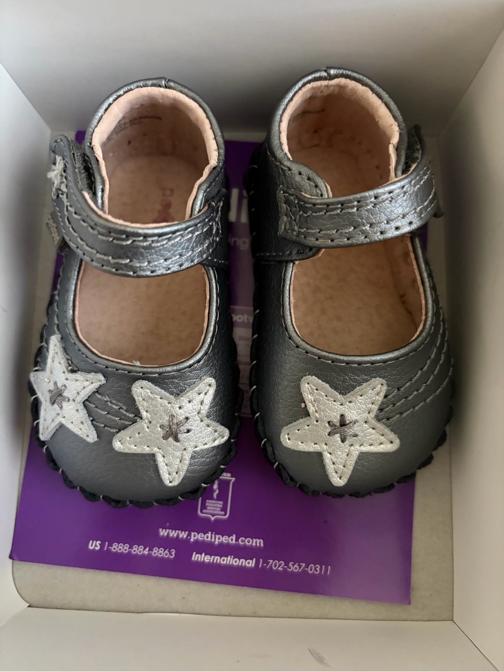 Pediped Metallic Silver Mary Jane Shoes with Star Appliqués